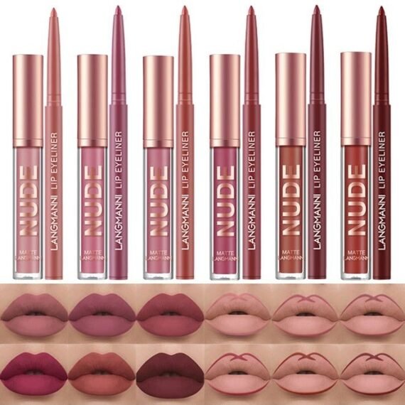 12Pcs Lip Liner and Lipstick Set, 6 Colors Matte Liquid Lip Sticks + 6 Matching Smooth Nude Lip Liner, All in One Waterproof Long Lasting Lip Gloss Lips Make-up Gift Set for Girls and Women(A)