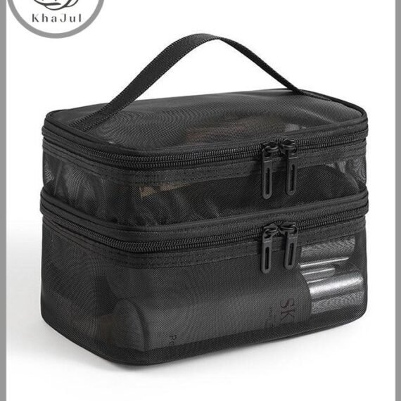 Double Layer Travel Makeup Bag , Mesh Cosmetic Bag , Large Toiletry Bag for Women Makeup Bag Organizer with Handle(Black)