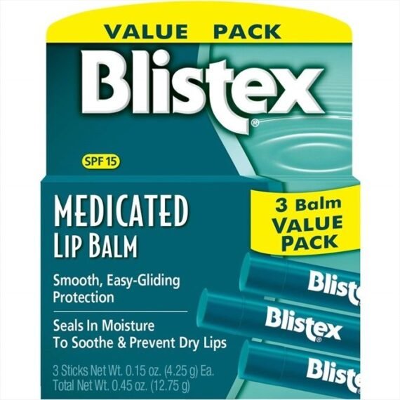 Medicated Lip Balm, 0.15 Ounce, 3 Count (Pack of 1) Prevent Dryness & Chapping, SPF 15 Sun Protection, Seals in Moisture, Hydrating Lip Balm, Easy Glide Formula for Full Coverage