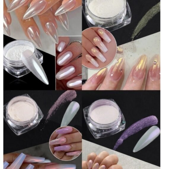4 Colors Chrome Nail Powder Metallic Mirror Effect Pigment Chrome Iridescent Pearl Mica Powder Mirror Laser Aurora Nail Powder Aurora Powder for Nail Art For Salon DIY Nail Art Supplies