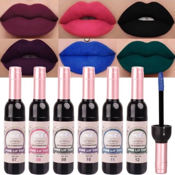 6 Colors Dark Black Blue Green Purple Rose Red Matte Liquid Lipstick for Women, Wine Lip Tint Stain Makeup Sets Long Lasting Waterproof Wine Bottle Colored 24 Hours Lipstick Lip Stain Peel off