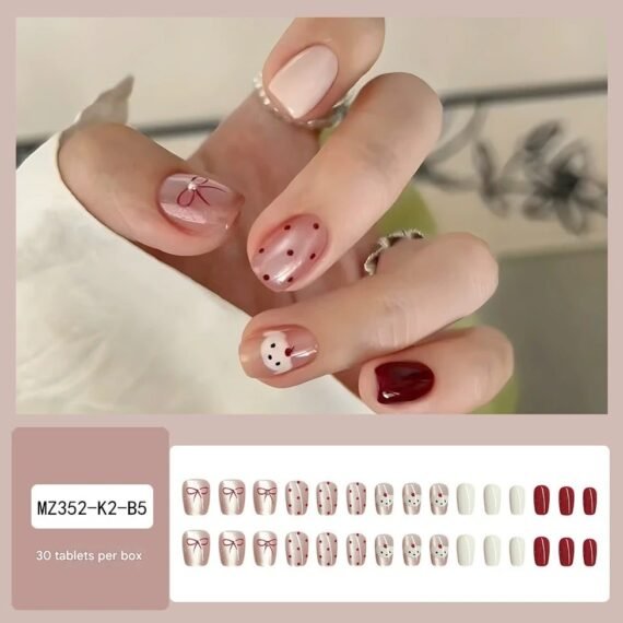 Bow Rhinestone Press On Nails – Cute Polka Dot Dog Design Cat Eye Nail Tips 30pcs Fake Nails, Sweet Style