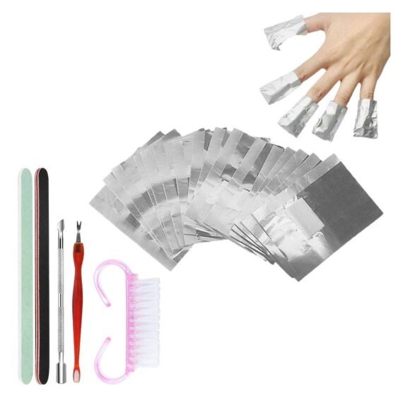Nail Varnish Remover 200 Pcs Foil Wraps and 5 PCS Tools Set Aluminium Gel Polish Kit Cuticle Buffer Block Pads