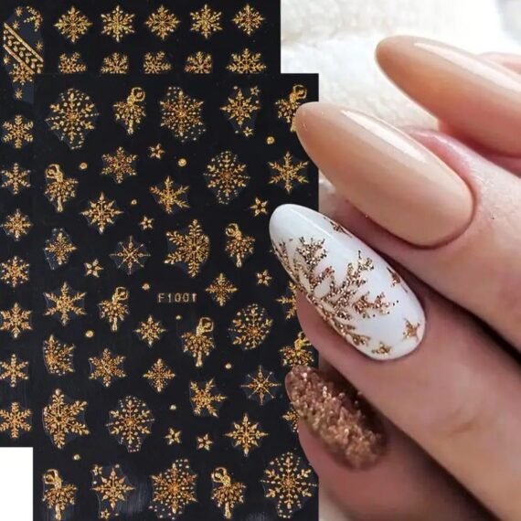 Snowflake Nail Stickers & Decals - Glittery White & Golden, Self-Adhesive 3D Christmas And Winter Fantasy Design, Shimmery Finish, Plastic, Hypoallergenic - Single Use Nail Art Embellishments for Festive Manicure Decor