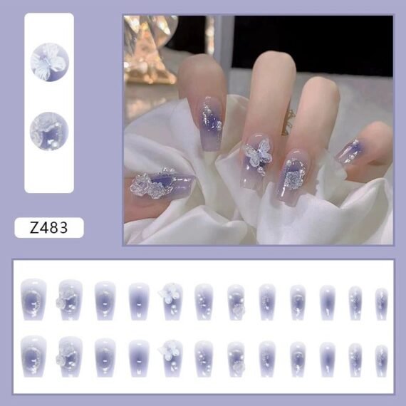 Fairy Style Aurora Press On Nails – Blue Gradient Camellia Butterfly Nail Tips 24PCS, Reusable Sweet Style
