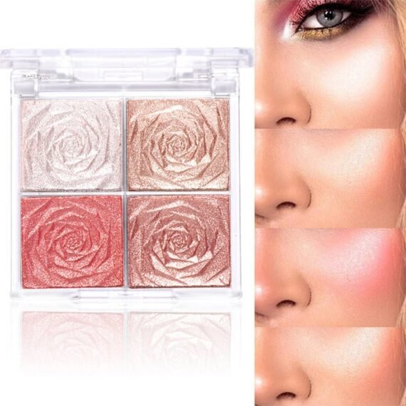 Blush And Highlighter Palette, 4 Colors Metallic Shimmer Shadow Powder, Illuminator Makeup Set For Shading, Highlighting And Defining The Face, Long Lasting Highlighter Makeup