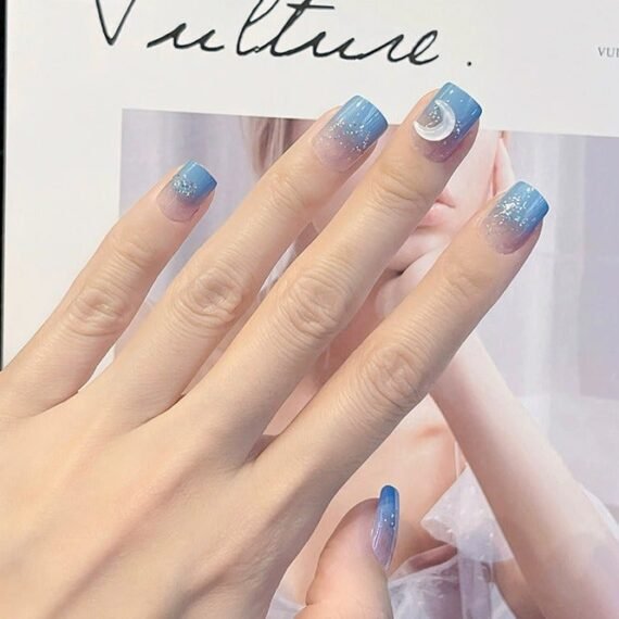 24pcs Blue Moon Air Soft Press On Nails – No Crease Handmade Comfortable Nail Tips, Reusable & Easy to Apply