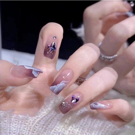 24Pcs Fake Nails, Press Nails, Mid-length Ballet Manicure - Shiny Cloud Manicure - Purple Laser Butterfly Gradient Manicure - Fake Nail Patch