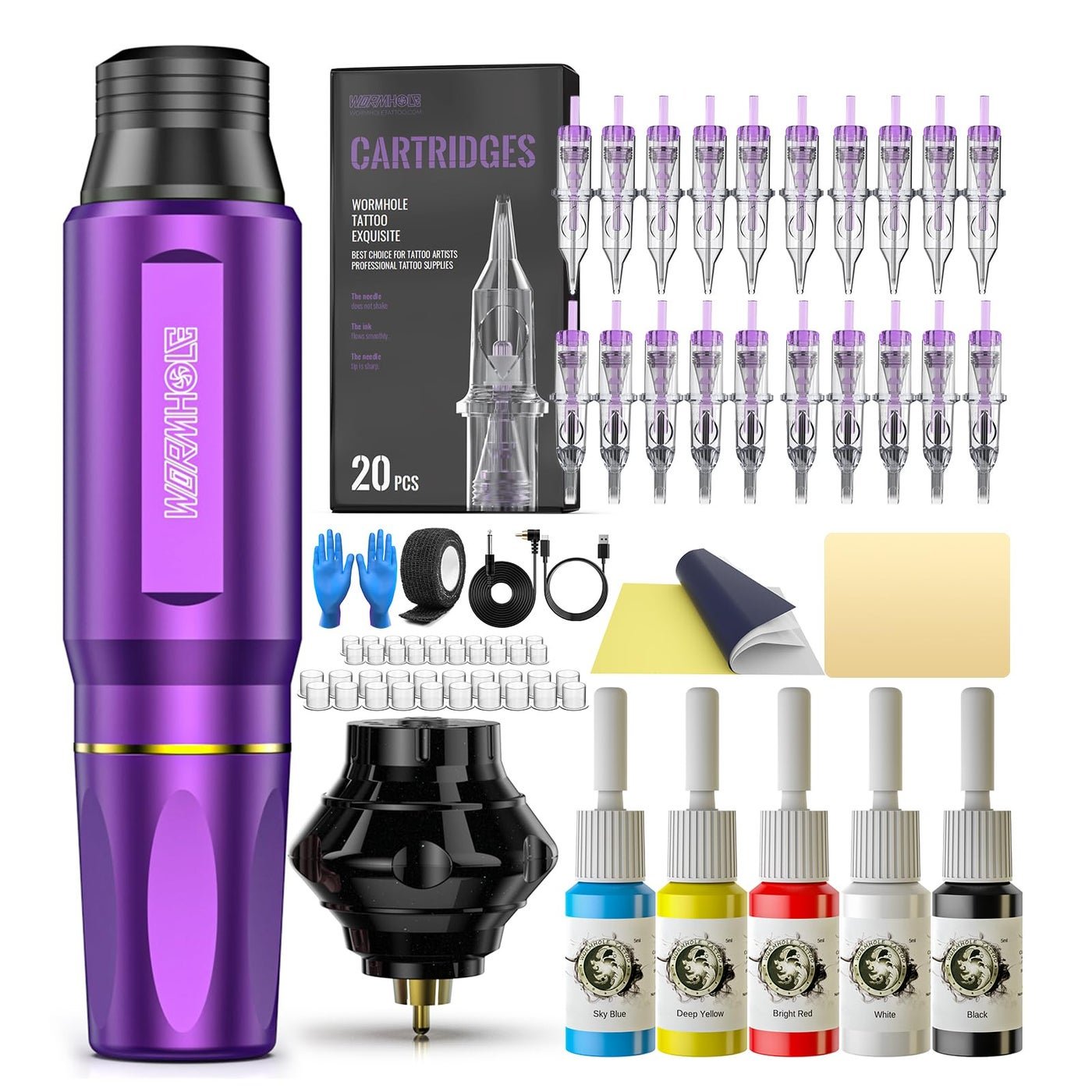 Wormhole Wireless Tattoo Machine Kit, Tattoo Gun with 1,050 mAh Capacity Power Supply- Tattoo Pen Kit WTK176(Purple+Black)