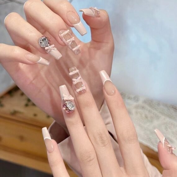 24Pcs Fake Nails, Press Nails,Mid-length Ballet Manicure - Ballet Shoes Manicure - Diamond Bow Manicure - Fake Nail Patch