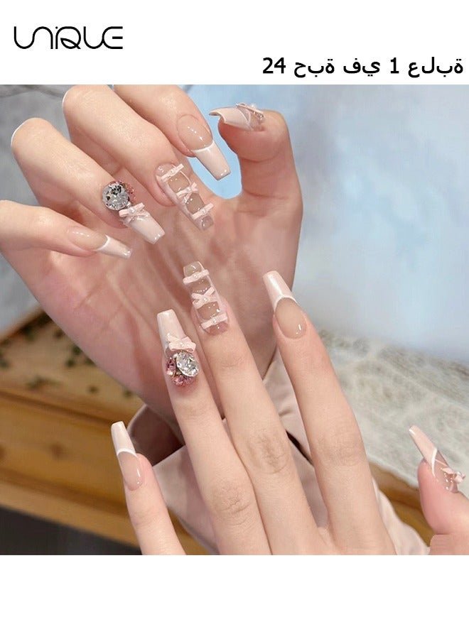24Pcs Fake Nails, Press Nails,Mid-length Ballet Manicure - Ballet Shoes Manicure - Diamond Bow Manicure - Fake Nail Patch