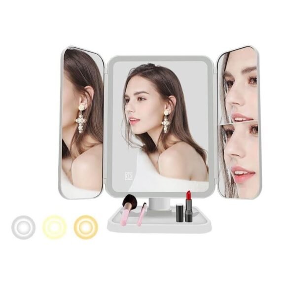 LED Makeup Mirror with 3 Color Lighting Modes – 52 LED Trifold Mirror, 1X/2X/3X Magnification, Touch Control, High Definition, Portable Lighted Cosmetic Mirror for Makeup, Grooming & Skincare