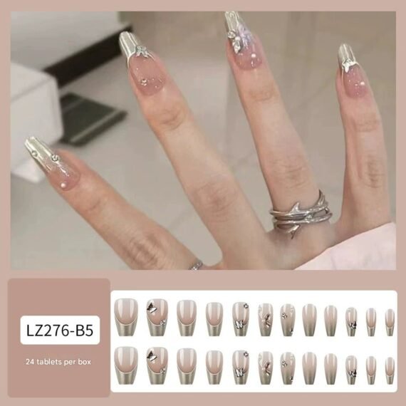 Silver Glitter Butterfly Press On Nails – Reusable Wearable False Nail Tips, 24pcs Sparkling, Party/Daily Wear
