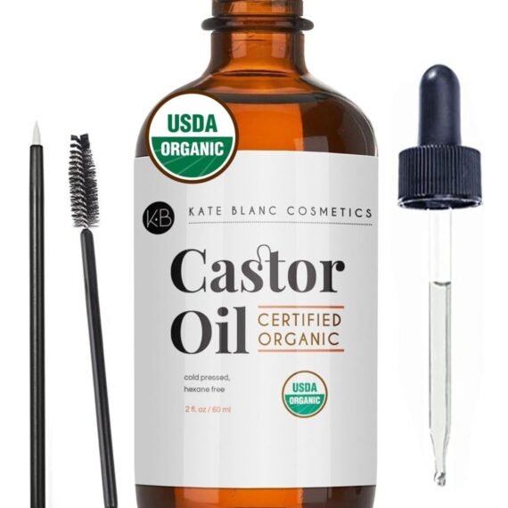Kate Blanc Cosmetics Castor Oil Organic (2oz), 100% Pure, Cold Pressed, Hexane Free. Stimulate Growth for Hair, Eyelashes, Eyebrows. Hair Treatment Starter Kit & Skin Moisturizer 60ml
