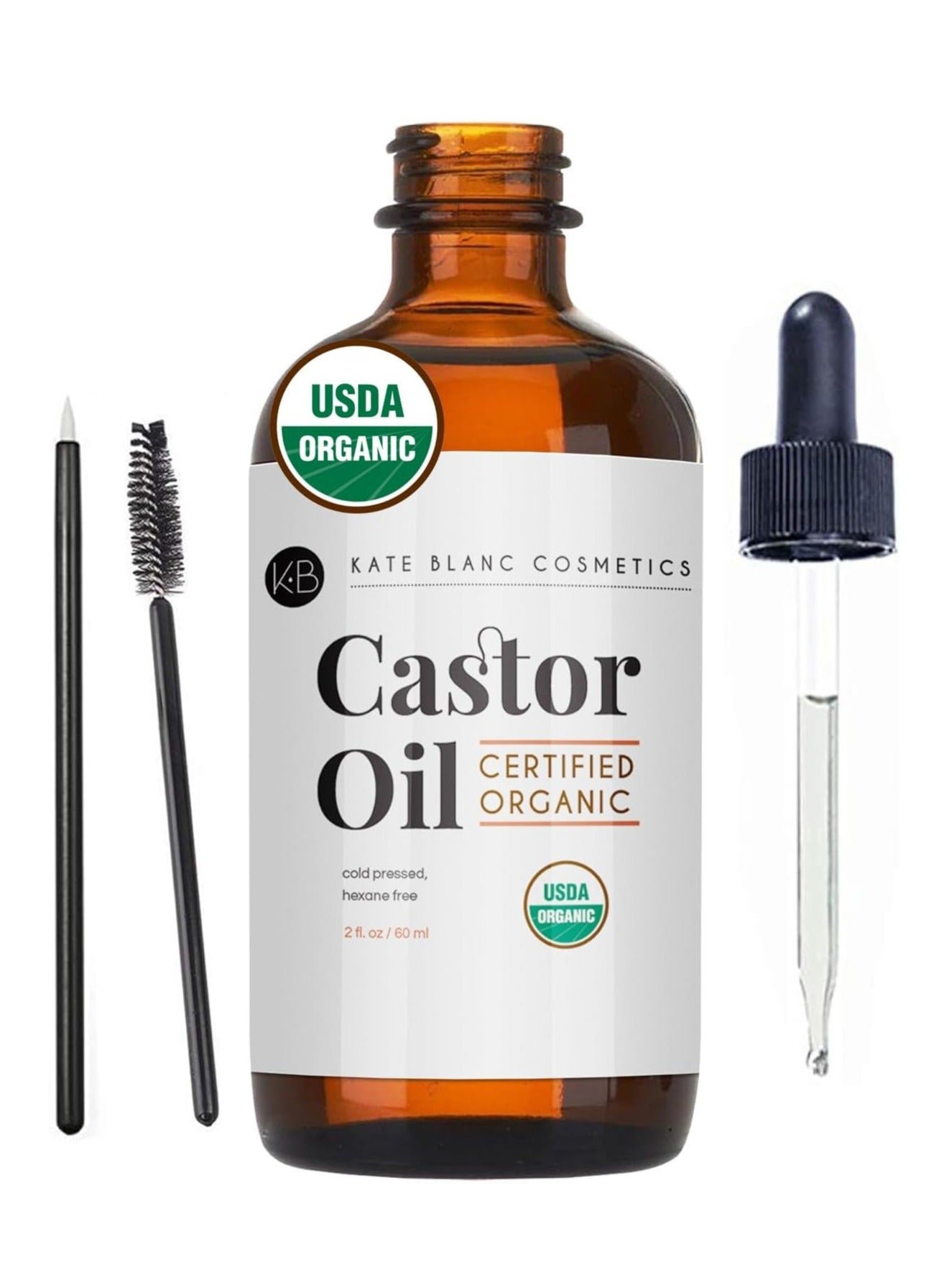 Kate Blanc Cosmetics Castor Oil Organic (2oz), 100% Pure, Cold Pressed, Hexane Free. Stimulate Growth for Hair, Eyelashes, Eyebrows. Hair Treatment Starter Kit & Skin Moisturizer 60ml