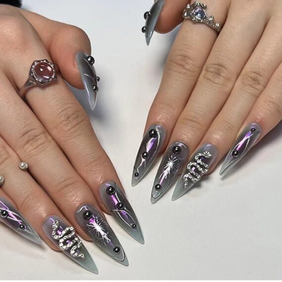 24Pcs Fake Nails, Press Nails, Long Almond Manicure -  Dark Butterfly Nail Art - Serpentine Dot Diamond Manicure - Fake Nail Patch