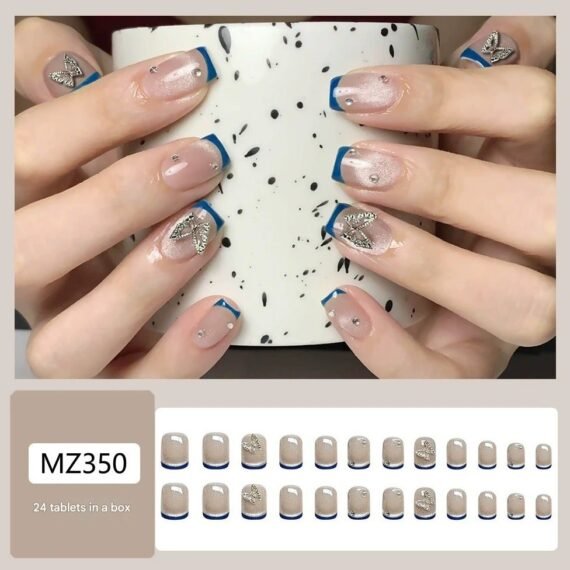 Blue French Square Press On Nails – Smiley Cat Eye Fake Nail Tips Minimalist Style, 24pcs Reusable