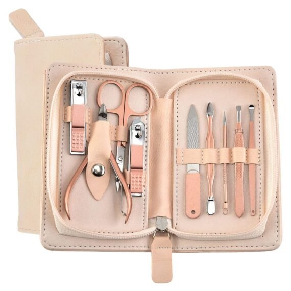 Portable Nail Clipper Set, Nail Clippers and Grooming Tools Set with 9 Tools, Stainless Steel Nail Care Set with Leather Bag for Home Outdoor Travel Beauty Salon (Rose Gold)