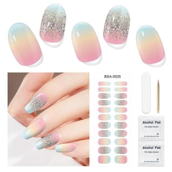 22 Pcs Gel Nail Stickers - Gradient Rainbow Gel Nail Stickers Set - Shiny Nail Stickers - (No UV Lamp Required)