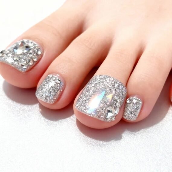 10pcs Handmade Milky White Press-on Toenails with Silver Rhinestones – Reusable Pedicure Set with Tools