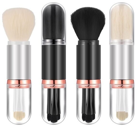 2 Sets Travel Brush Makeup Set, 4 in 1 Mini Portable Lip Brush Foundation Blending Powder Eye Shadow Brush for Women Facial Retractable Set(Black + White）