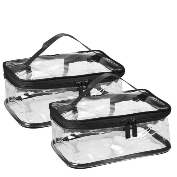 2 pcs Clear PVC Makeup Bags, Waterproof Travel Toiletry Pouches with Zipper for Women, Black