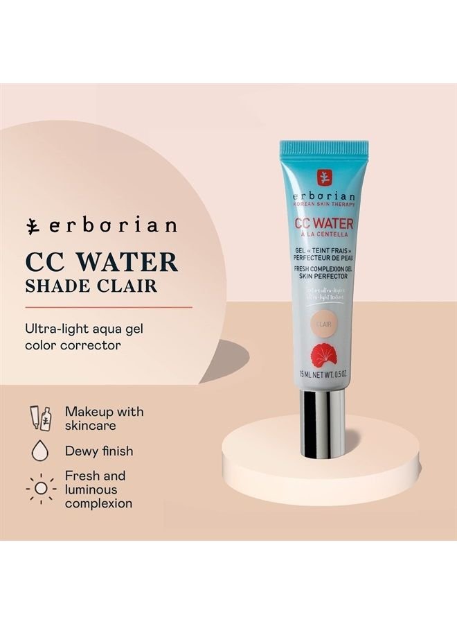 Color Correcting CC Water with Centella Asiatica, Fair (Clair) - Light Aqua Gel Facial Concealer with Illuminating Finish Soothes and Hydrates - Korean Skincare Skin Perfector - 0.5 Oz