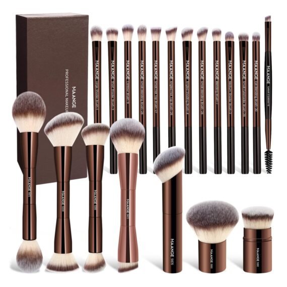 MAANGE 20 Pcs Makeup Brushes with Gift Box, Double-End Multi-functional Makeup Brushes for Blending Liquid Powder Concealer Cream Blush Buffe,CoffeeBrown