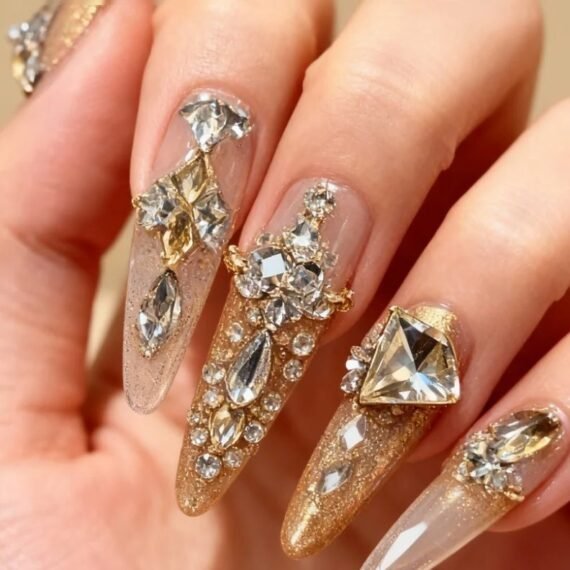 [10PCS Luxury Press-On Nail Kit] Swarovski Crystals + 3D Sculpted Design | No UV Light Needed | Long-Lasting Jelly Glue | Magnetic Velvet Gift Box