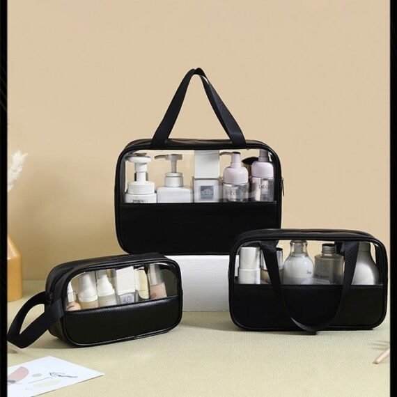 3-piece Women Men Spliced Transparent Bathroom Cosmetic Bag PVC Toiletry Bag PU Waterproof Handbag Large Capacity Travel and Business Trip Portable Storage Bag Black