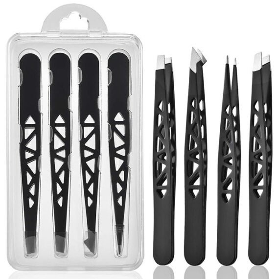 Tweezers Set - 4 Pcs Eyebrow Tweezers for Women - Tweezers for Women Facial Hair - Precision Tweezer for Ingrown Hair - Facial Hair - for Women and Men - Black