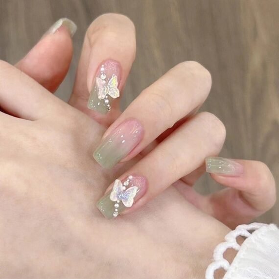 24Pcs Fake Nails, Press Nails, Mid-length Ballet Manicure - Gradient Green Manicure - Three-dimensional Pearl Butterfly Manicure - Fake Nail Patch