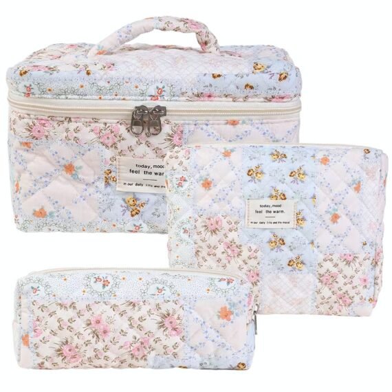 Cosmetic Bags, 3-Piece Cotton Quilted Makeup Bag Set, Large Floral Travel Toiletry Bag for Women, Aesthetic Toiletry Bags for Women Girls, Make Up Bag for Travel and Bathroom (Folk Style)