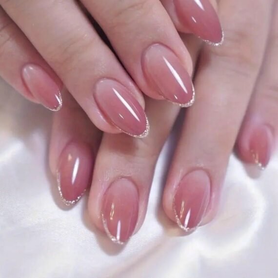 24pcs Glossy Medium Oval Fake Nails, Nude Pinkish Gradient Press On Nails With Glitter French Tip Design, Minimalist Style False Nails For Women Girls Daily Party Wear