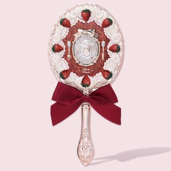 Flower Knows Strawberry Cupid Hand Mirror – Vintage Princess Makeup Mirror with Long Handle, Fancy Handheld Mirror for Women & Girls(Red Velvet)