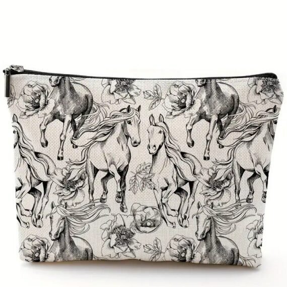 Horse Pattern Zippered Makeup Pouch - Multi-Use Organizer for Cosmetics, Stationery & Toiletries