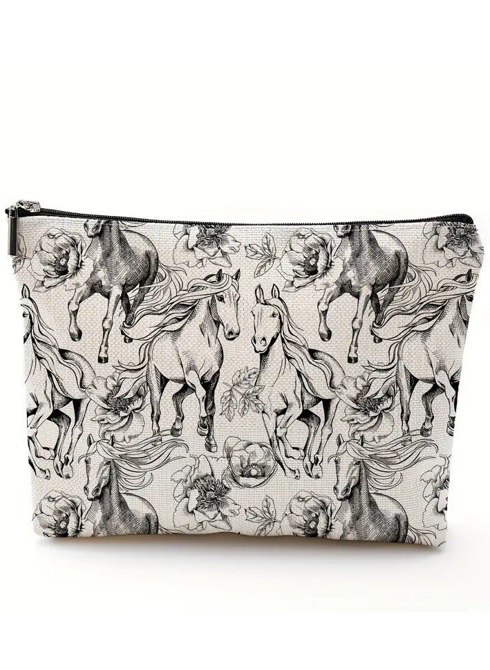 Horse Pattern Zippered Makeup Pouch - Multi-Use Organizer for Cosmetics, Stationery & Toiletries
