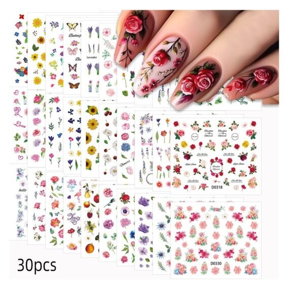 Violet Sunflower Nail Stickers Set 30 different styles with adhesive backing, small patterns, colorful flower nail stickers