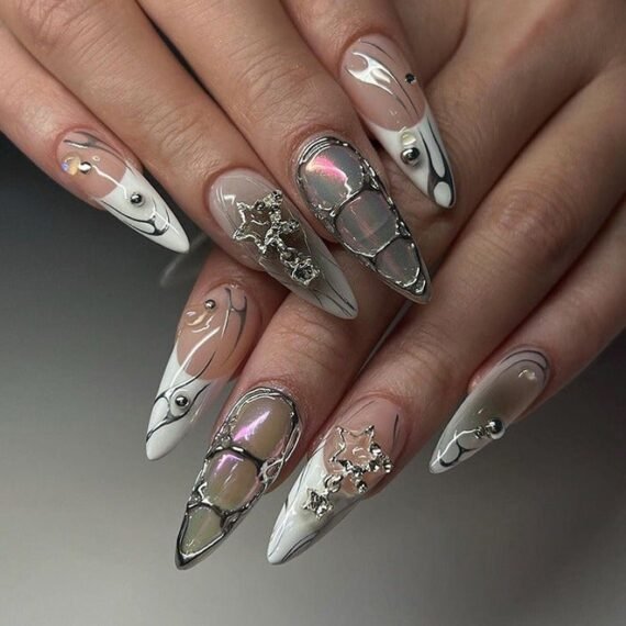 24Pcs Fake Nails, Press Nails, Long Almond Manicure - Gradient White Star Manicure - Three-dimensional Rhinestone Pearl Manicure - Fake Nail Patch